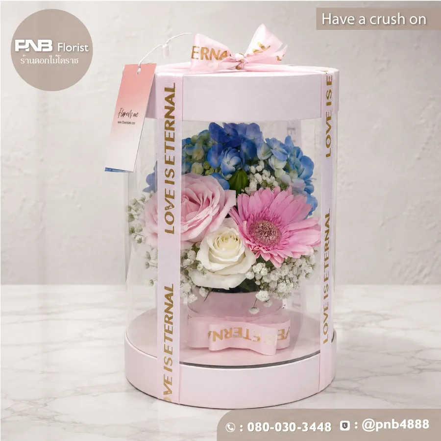 Have a Crush On กล่องดอกไม้โทนชมพู–ฟ้า กุหลาบ เยอบีร่า และไฮเดรนเยีย – ร้านดอกไม้โคราช