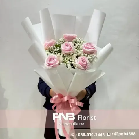 ช่อกุหลาบสีชมพูพาสเทล หวานละมุน ร้านดอกไม้ PNB Florist โคราช