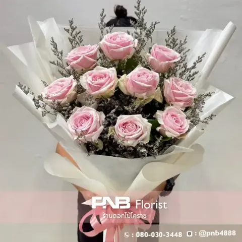 ช่อกุหลาบสีชมพูล้วน จัดช่อสวยงาม รับจัดช่อดอกไม้ โคราช